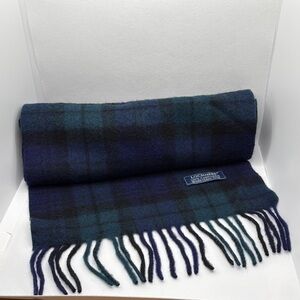 Vintage Lochmere 100% Cashmere Man Plaid Blue and Green Tartan Scarf Fringe